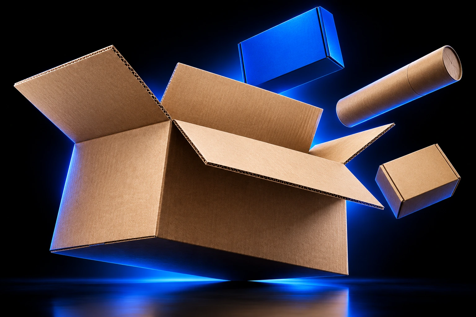 Kartonhandel Kartonversand24.de – Versandbox-Inszenierung Illustrative Produktinszenierung: große schwebende Versandbox mit elektrischem blauem Licht