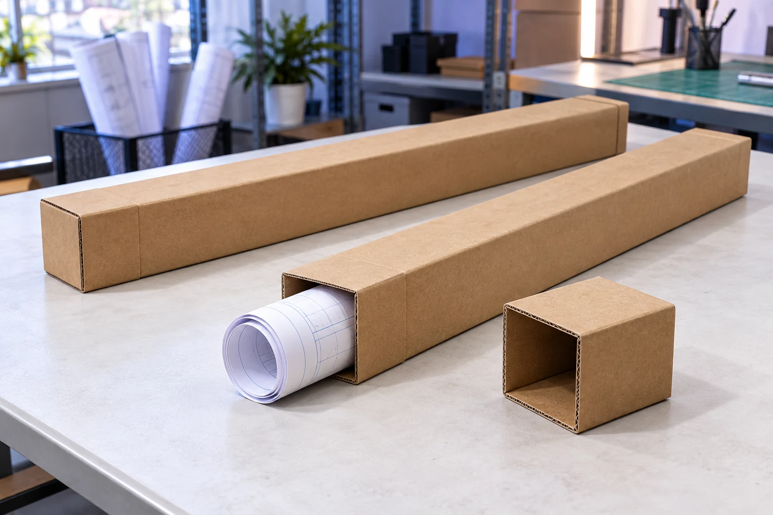 Kartonversand24 – Versandhülsen im Verpackungsalltag Eckige Versandhülsen mit einer gerollten Zeichnung