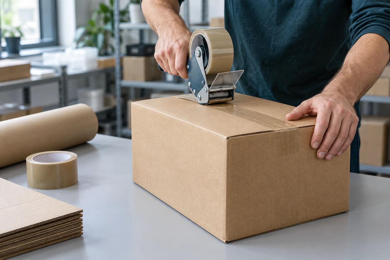 Kartonversand24 – Kartons im Verpackungsalltag Ein brauner Versandkarton wird am Packtisch verschlossen