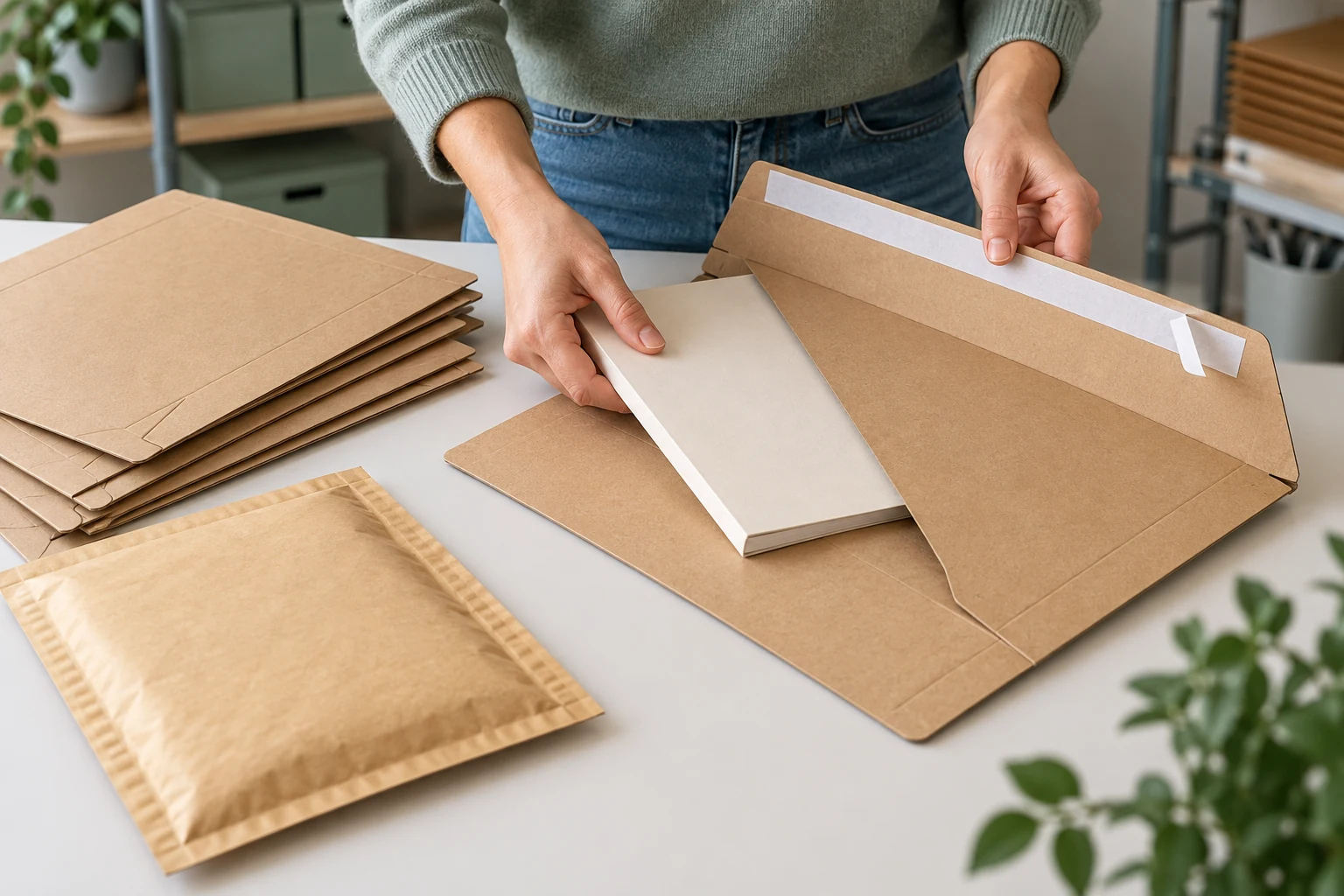 Kartonversand24 – Versandtaschen im Verpackungsalltag Ein flacher Katalog wird in eine Versandtasche eingelegt